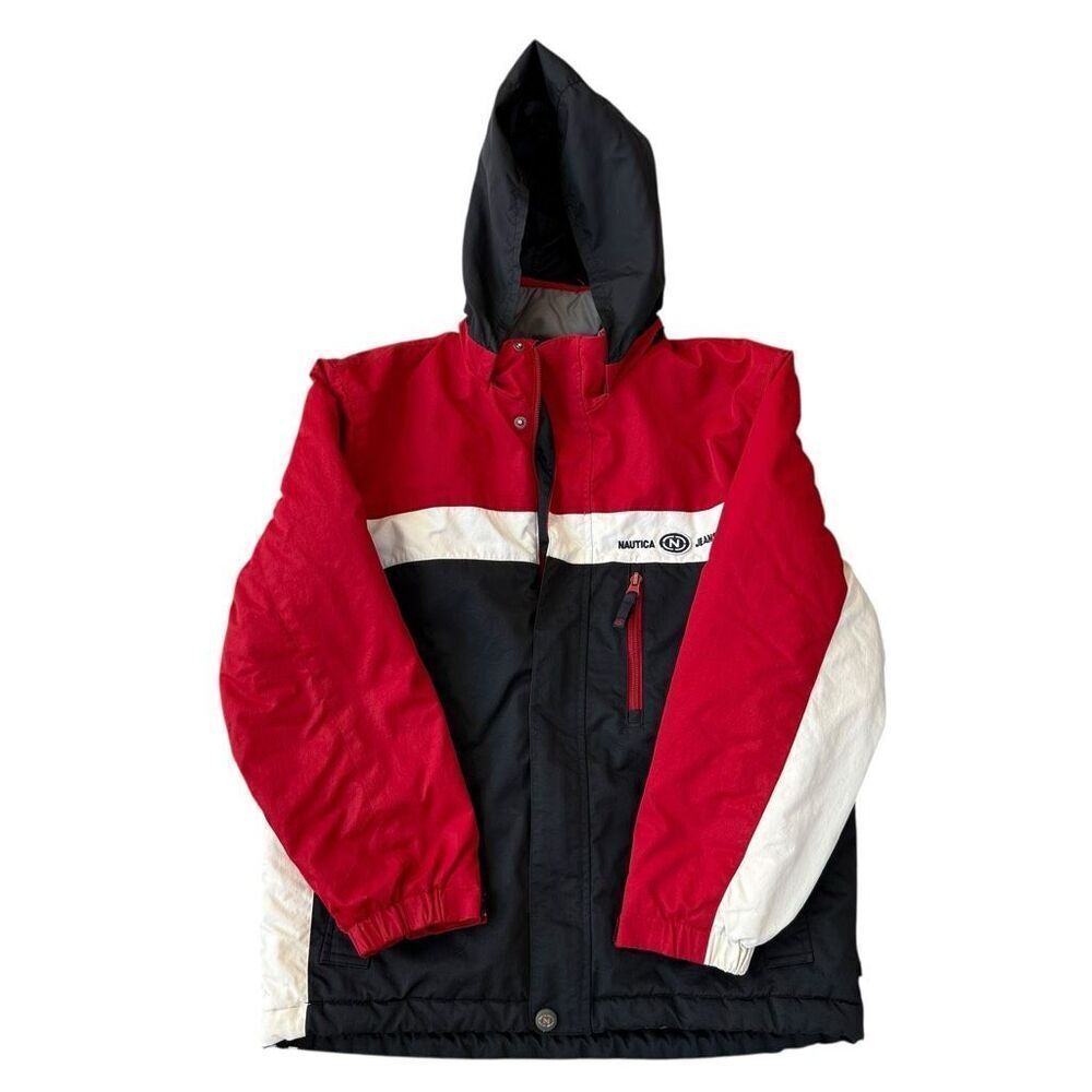 NAUTICA vintage Boys Puffer Jacket Hooded Classic Red/White/Blue size M 12-14